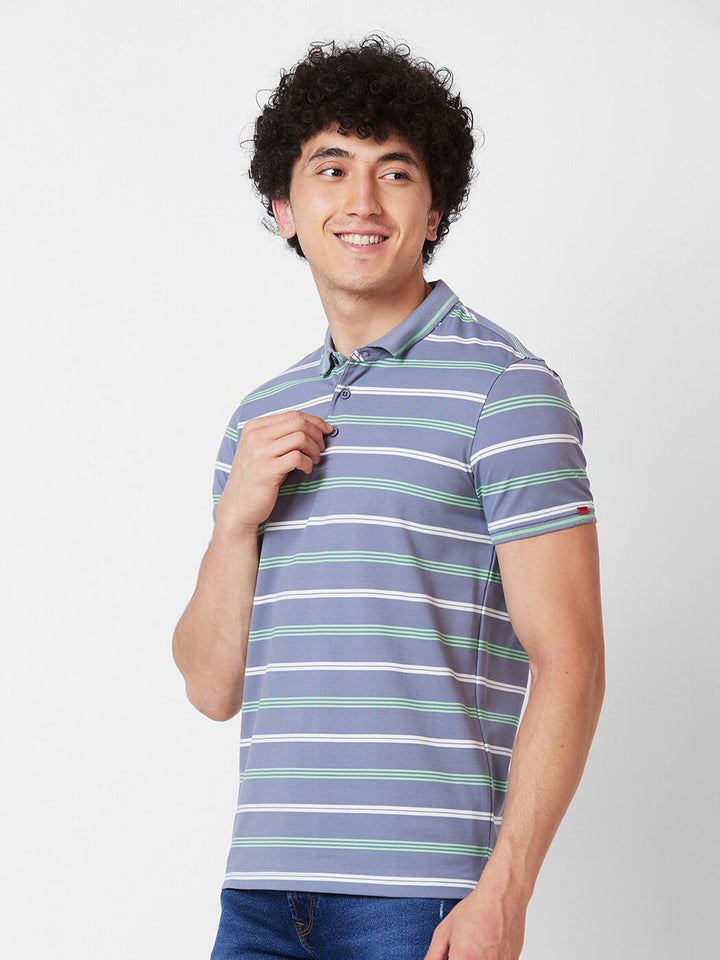SPYKAR Striped Polo Collar Cotton Slim Fit T-shirt