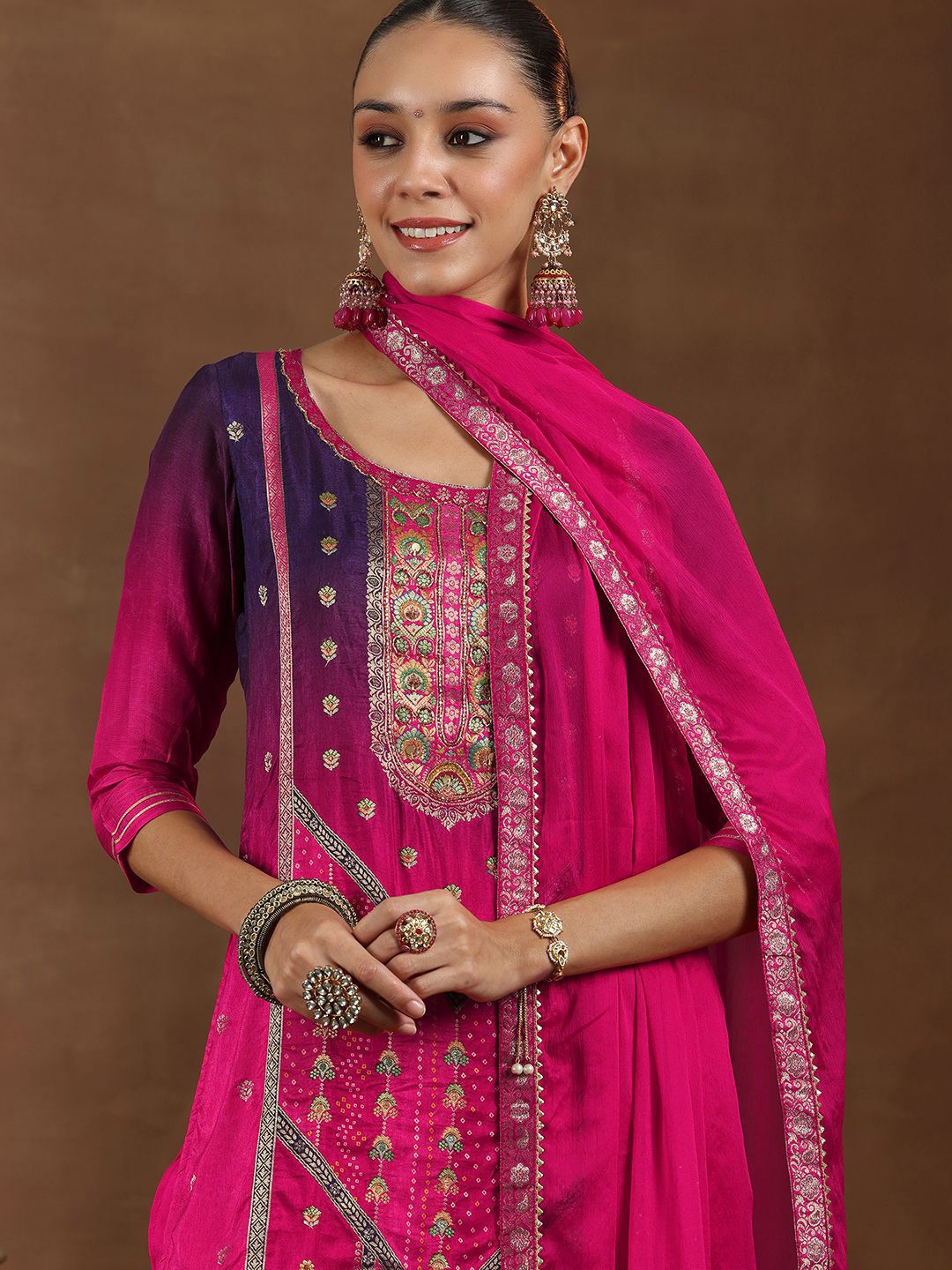 Libas Floral Woven Design Round Neck Kurta with Trousers & Dupatta