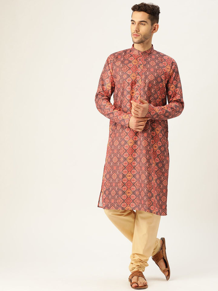 SOJANYA Lelaki Rust Orange & Black Printed Straight Kurta