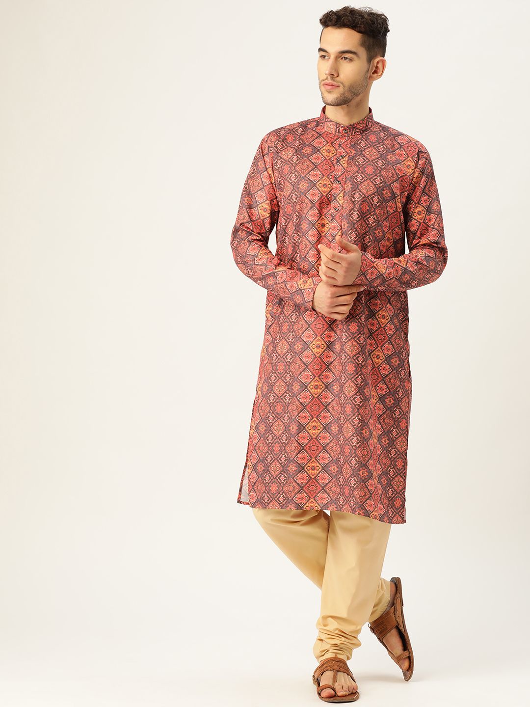 SOJANYA Lelaki Rust Orange & Black Printed Straight Kurta