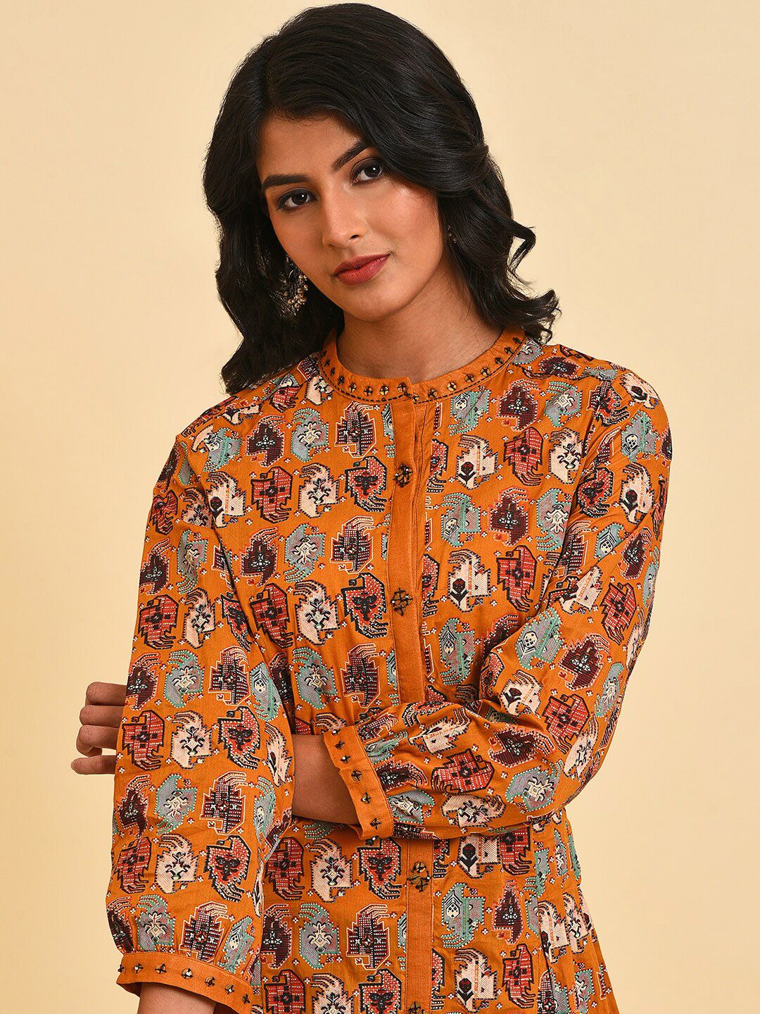 W Ethnic Motifs Printed Mandarin Collar Pure Cotton Kurta with Dhoti Pants