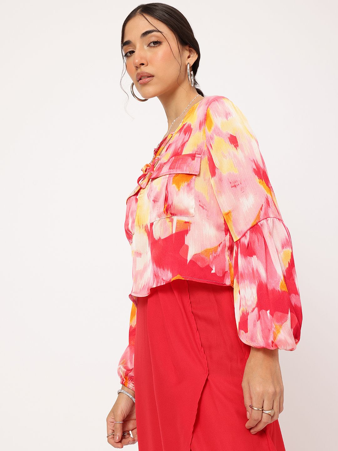 DressBerry Chic & Cheery Criss-Cross Tie-Up Neck Printed Puff Sleeve Top