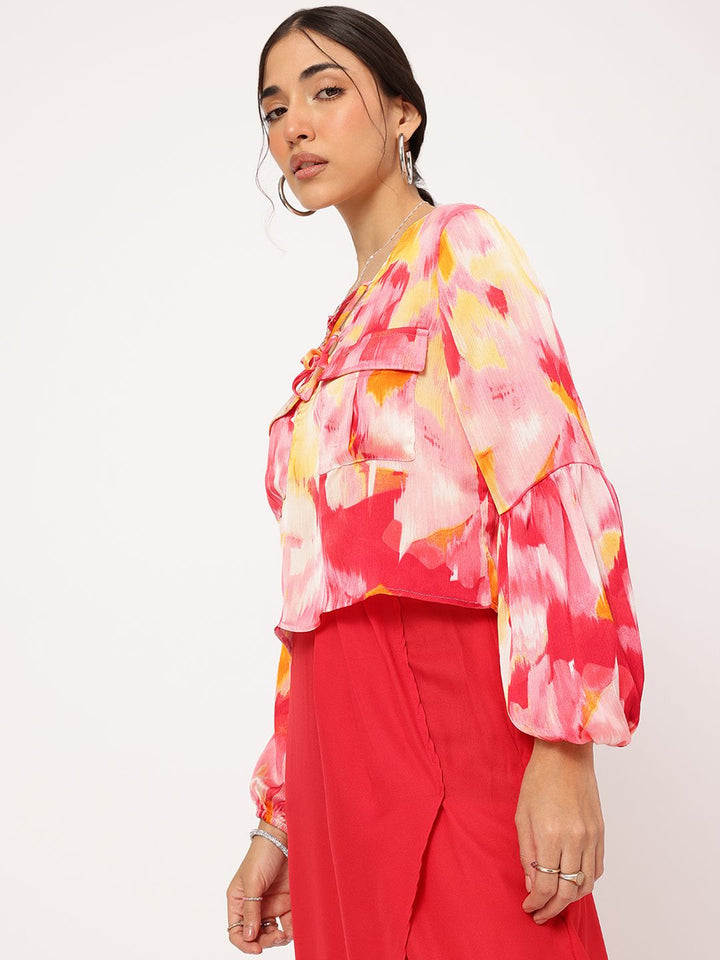 DressBerry Chic & Cheery Criss-Cross Tie-Up Neck Printed Puff Sleeve Top