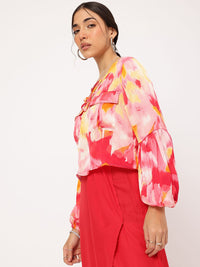 DressBerry Chic & Cheery Criss-Cross Tie-Up Neck Printed Puff Sleeve Top