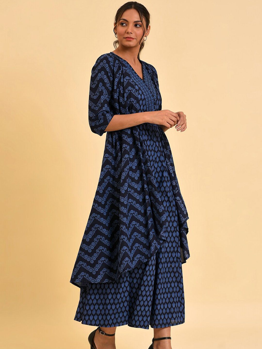 W Blue & Black Ethnic Printed V-Neck Culotte Jumpsuit
