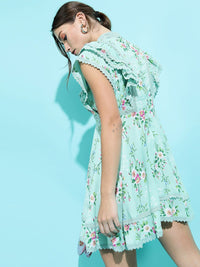 Tokyo Talkies Women Alluring Turquoise Blue Floral Dress