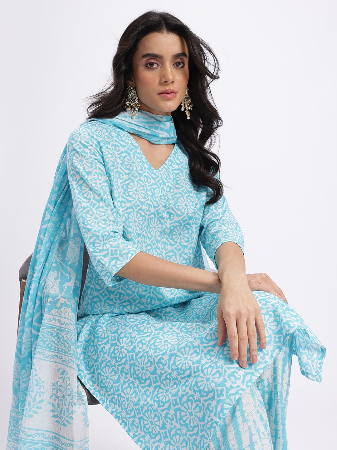 Anouk Floral Printed Pure Cotton Straight Kurta with Trousers & Dupatta