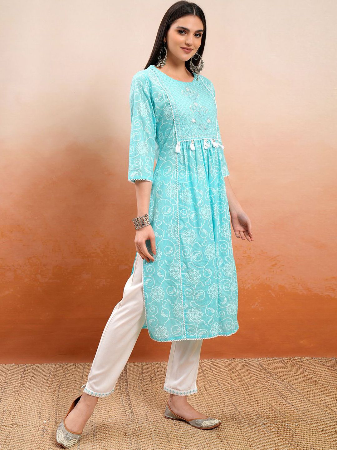 Vishudh Blue Floral Printed Thread Work Pure Cotton A-Line Kurta With Trousers & Dupatta