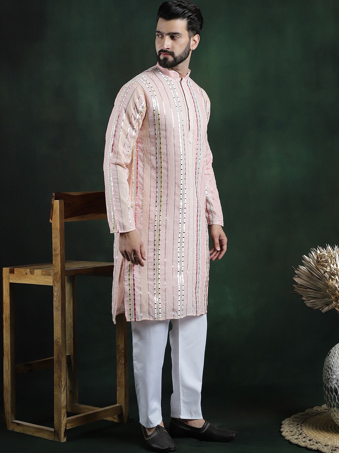 SOJANYA LUXE Kurta Kolar Mandarin Lengan Panjang Sulam Biasa dengan Piyama