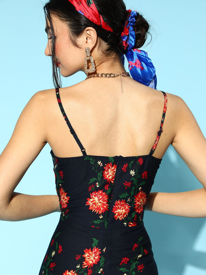 Berrylush Navy Blue & Red Floral Print Crepe A-Line Dress