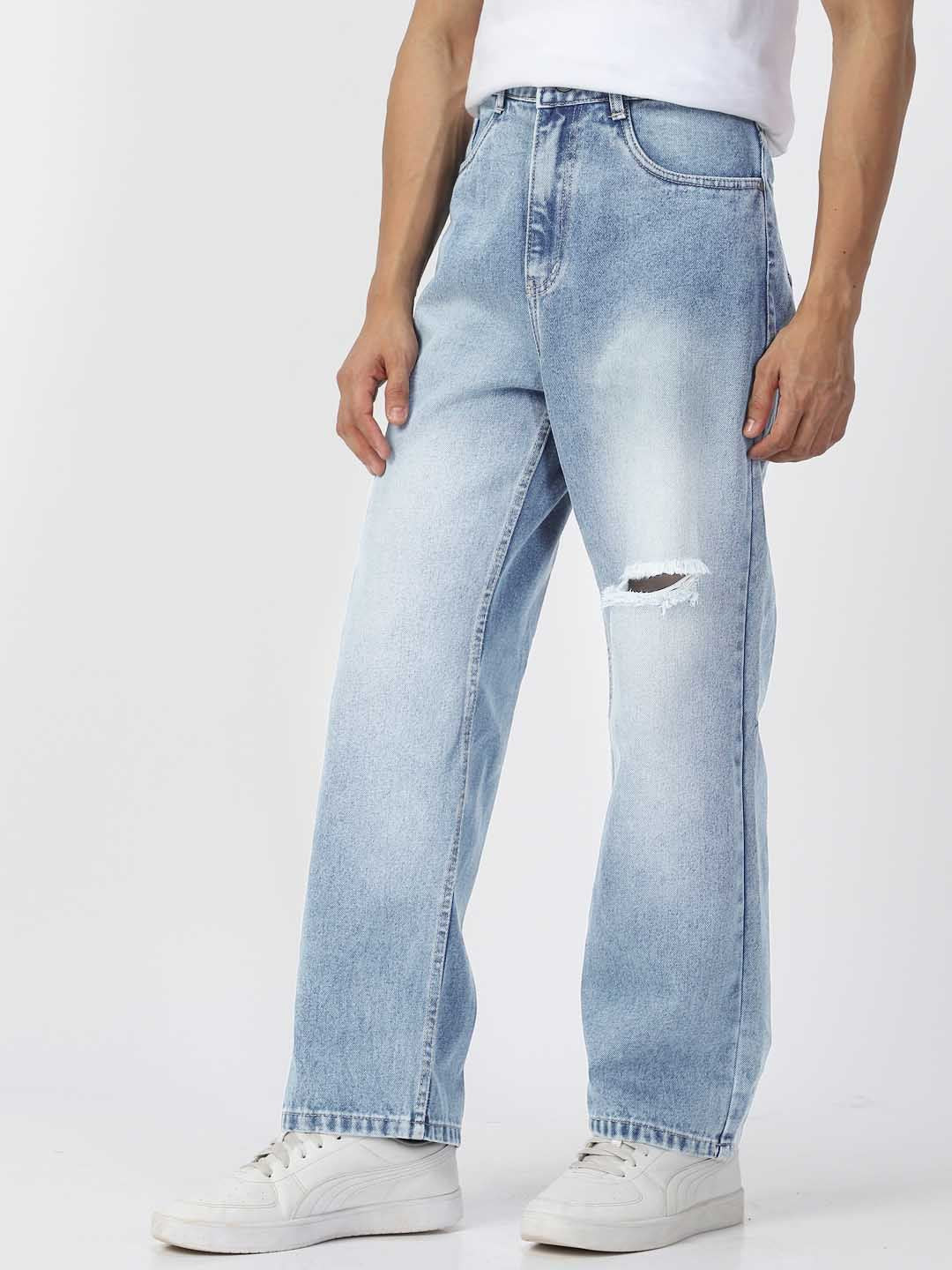 Urbano Fashion Men Pure Cotton Loose Relaxed Fit Slash Knee Heavy Fade Jeans