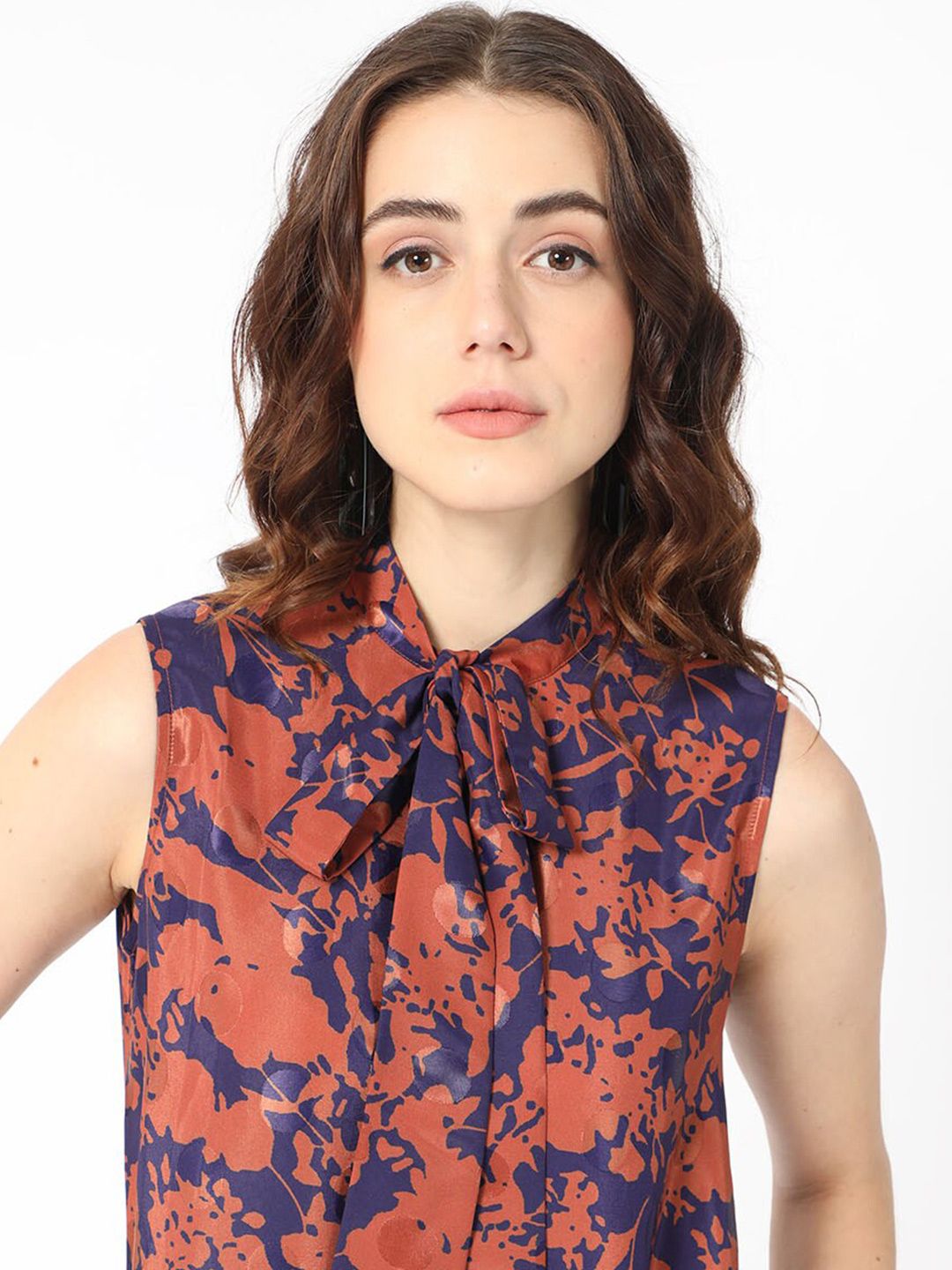 RAREISM Ellu Floral Printed Tie-Up Neck A-Line Midi Dress