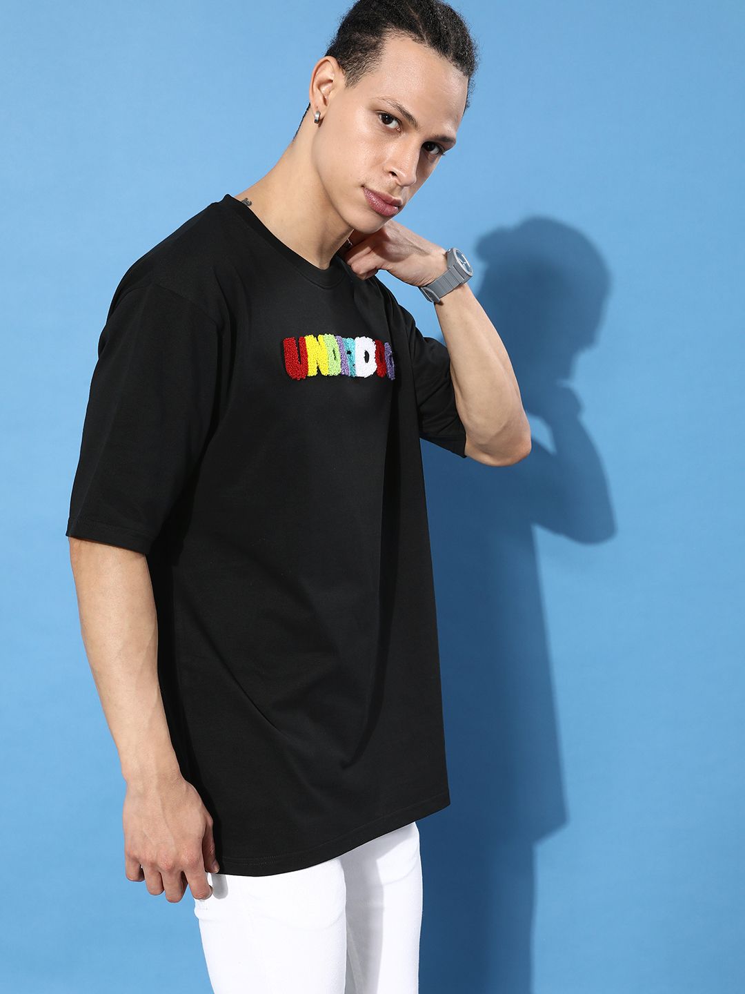 Difference of Opinion Men Black Typography Embroidered Oversize Pure Cotton Longline T-shirt