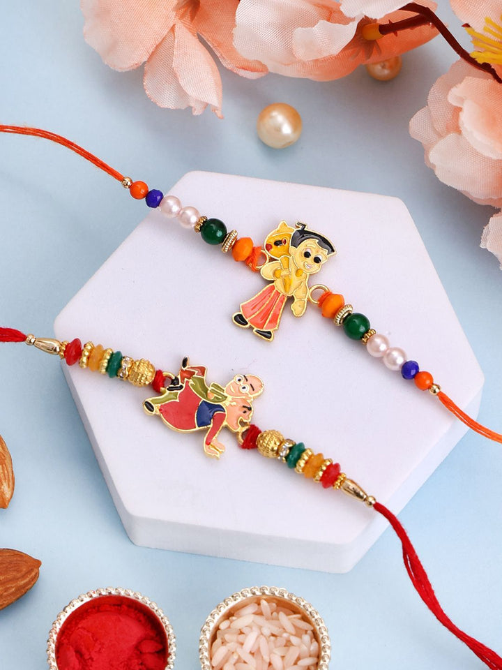 Set Kanak-kanak PANASH 2 Rakhis Bersalut Emas Motu Patlu &amp; Hanuman Dengan Roli Chawal