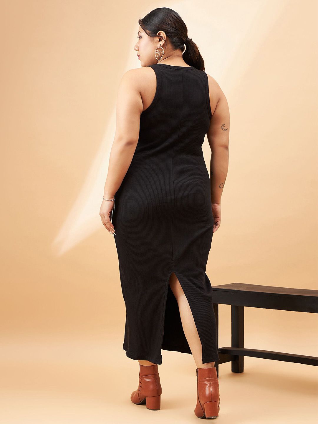 SASSAFRAS Curve Plus Size Black Ribbed Sleeveless Sheath Midi Dress With Shrug
