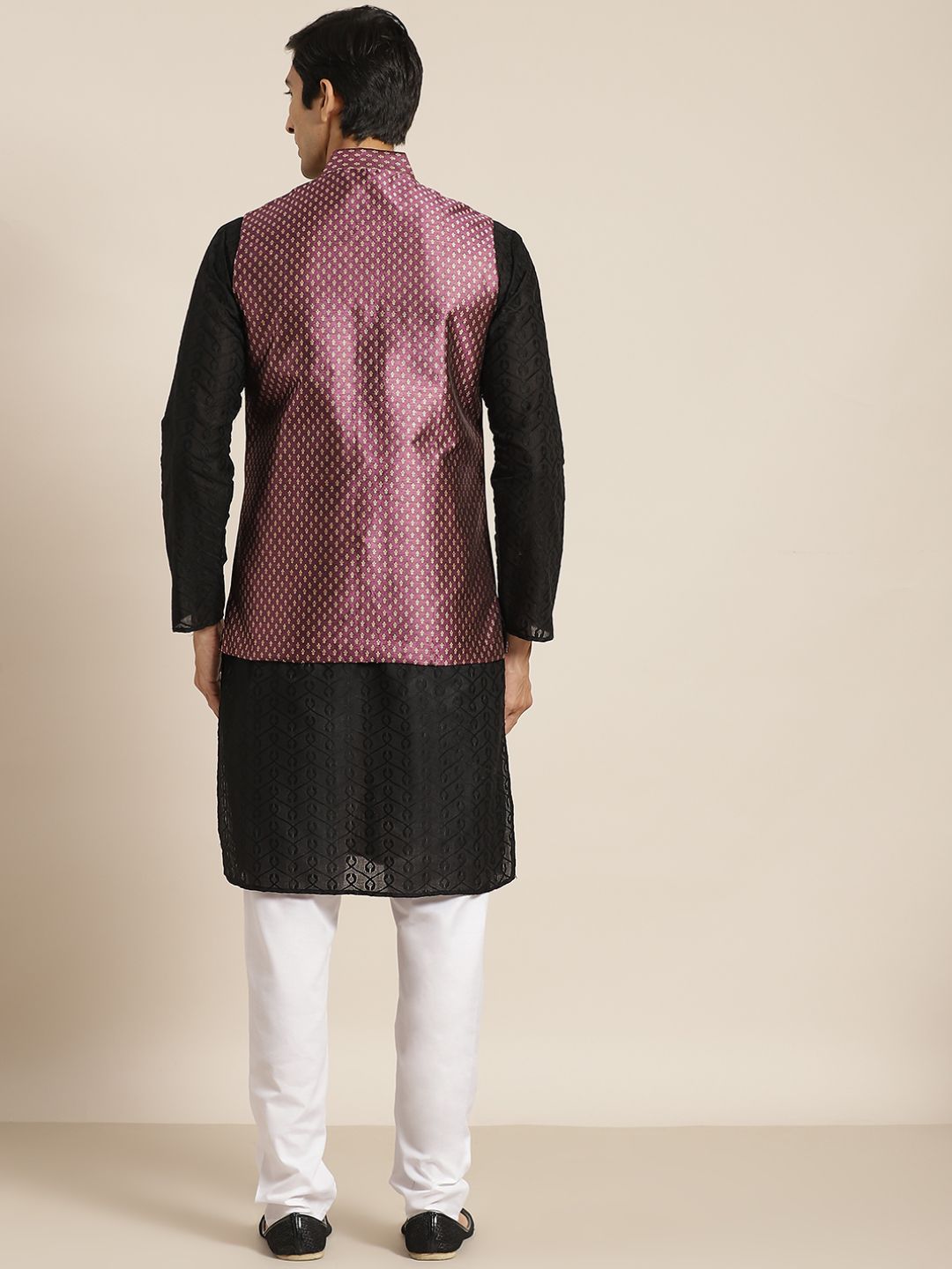 SOJANYA Men Black Chikankari Pure Cotton Kurta with Churidar & Nehru Jacket