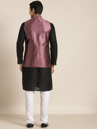SOJANYA Men Black Chikankari Pure Cotton Kurta with Churidar & Nehru Jacket
