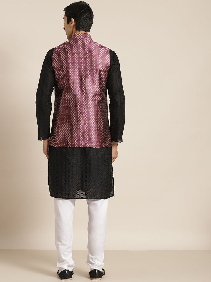SOJANYA Men Black Chikankari Pure Cotton Kurta with Churidar & Nehru Jacket