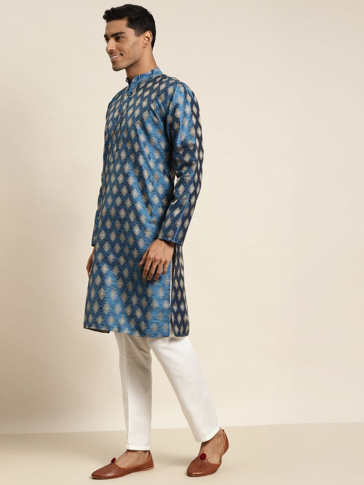 SOJANYA Men Blue & Gold-Toned Ethnic Motifs Jacquard Kurta