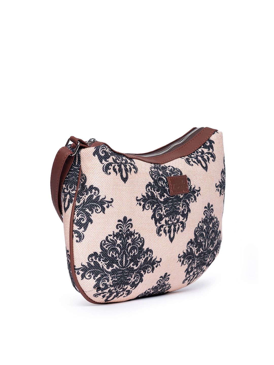 ZOUK Peach-Coloured & Black Ethnic Motifs Printed Sling Bag