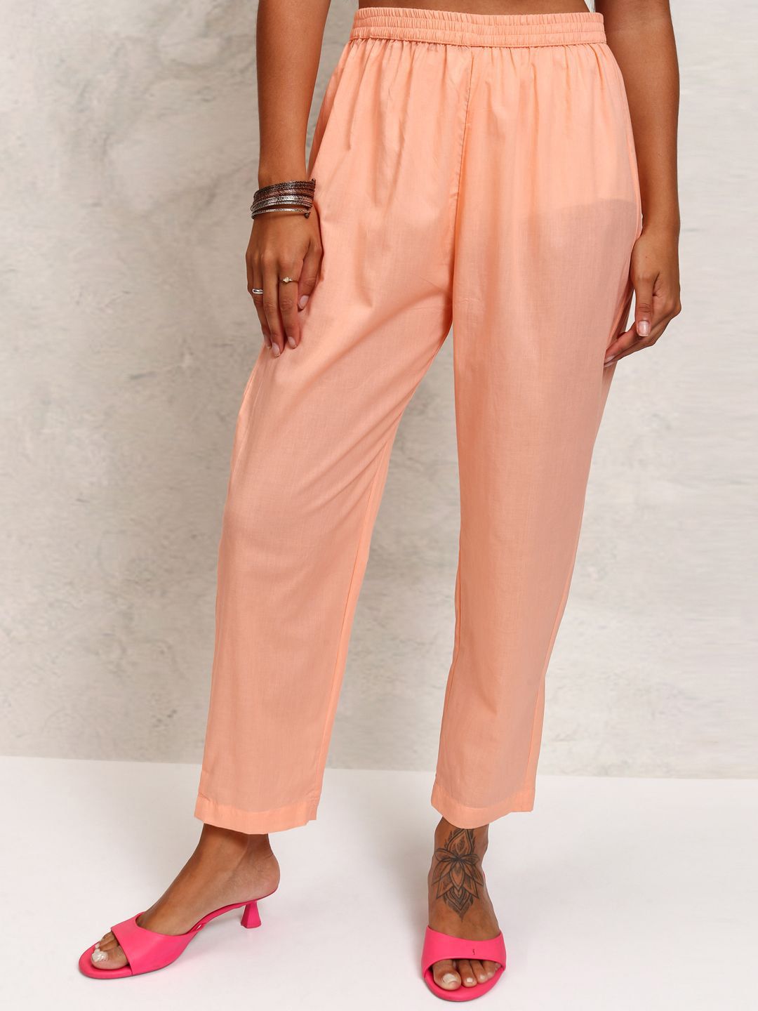 Vishudh Orange Printed Tie-Up Neck Pure Cotton Straight Kurta With Trousers & Dupatta