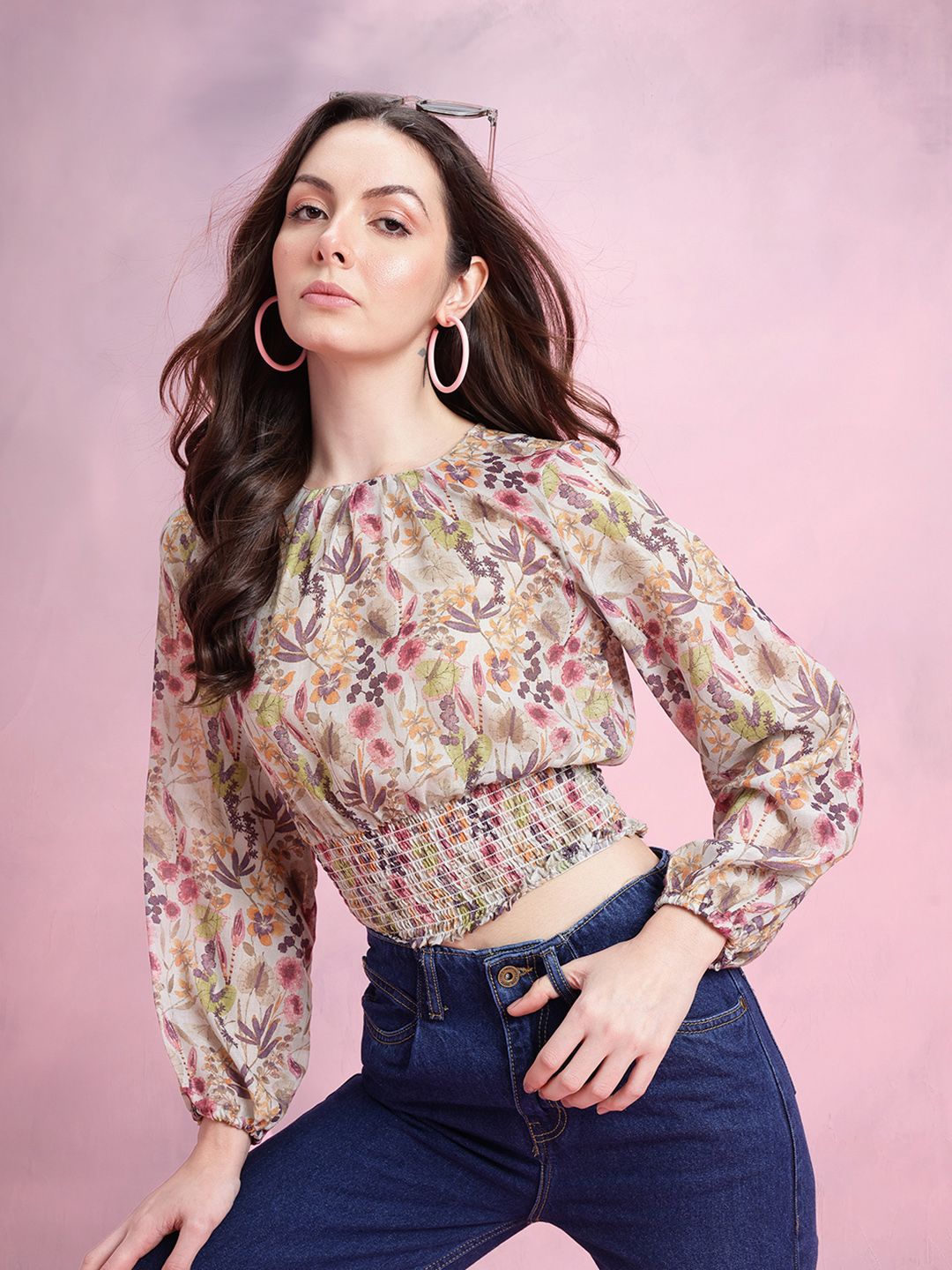 DressBerry Floral Print Cuffed Sleeves Smocked Detail