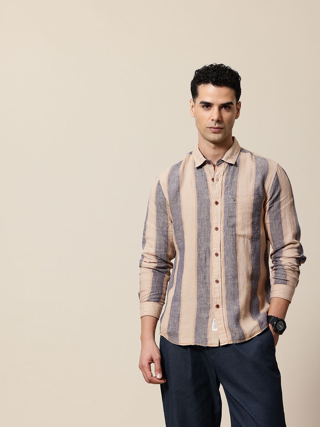 Mr Bowerbird Striped Tailored Fit Opaque Linen Casual Shirt