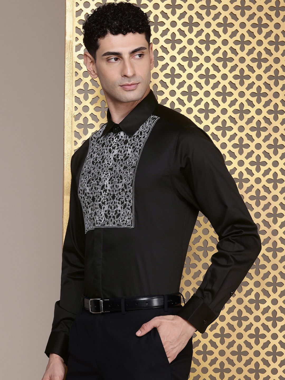 House of Pataudi Pure Cotton Ethnic Motifs Embroidered Opaque Party Shirt