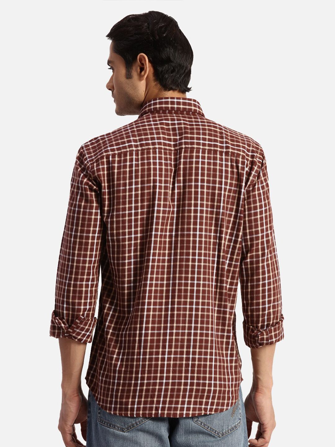 Park Avenue Spread Collar Long Sleeves Slim Fit Checked Casual Cotton Shirt