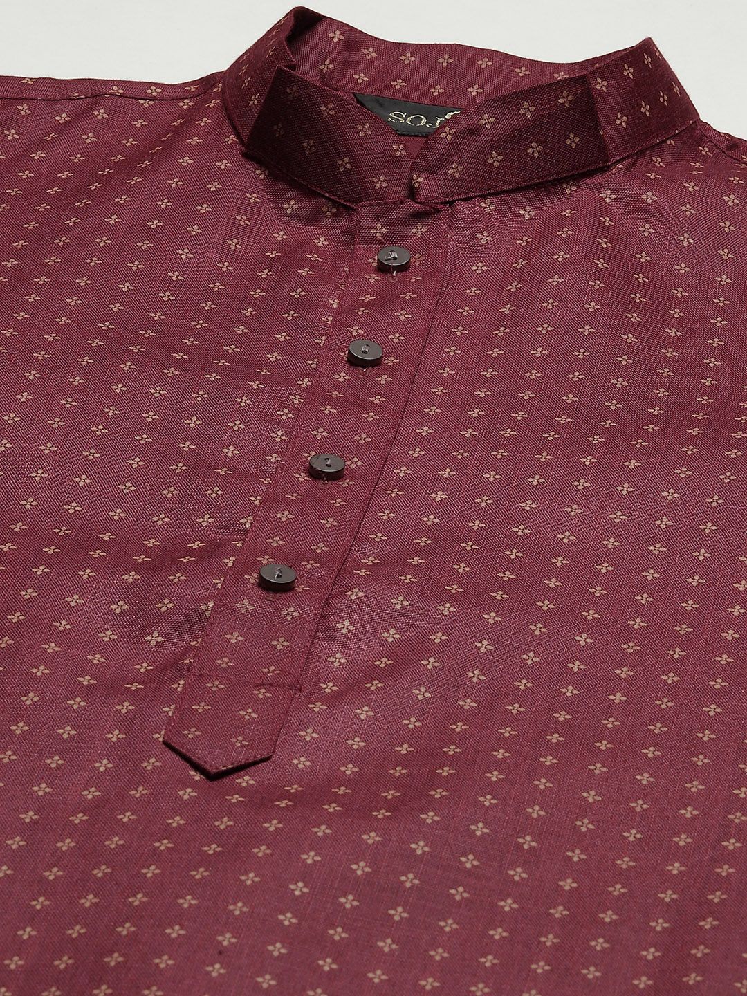 SOJANYA Men Maroon & Cream-Coloured Geometric Print Cotton Linen Straight Kurta