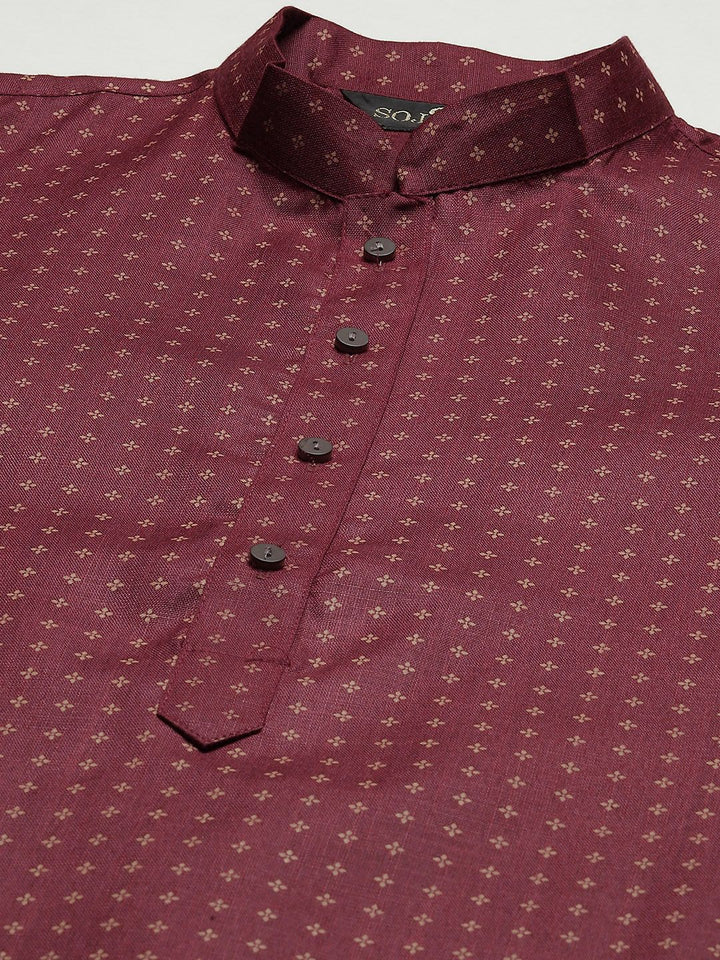 SOJANYA Men Maroon & Cream-Coloured Geometric Print Cotton Linen Straight Kurta