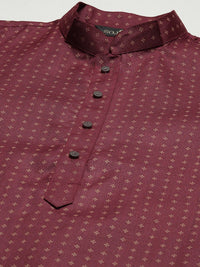 SOJANYA Men Maroon & Cream-Coloured Geometric Print Cotton Linen Straight Kurta