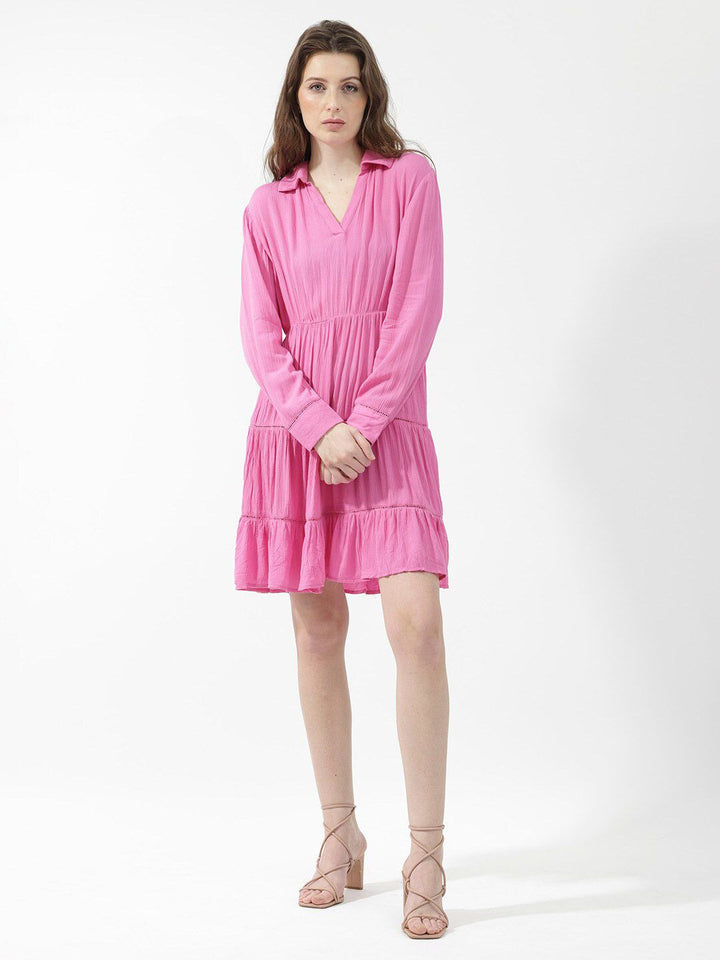 RAREISM Shirt Collar Tiered A-Line Dress
