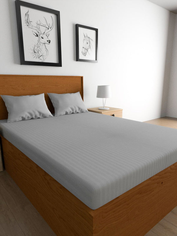 TEAL BY CHUMBAK Grey Striped Satin 210 TC Queen Bedsheet With 2 Pillow Covers