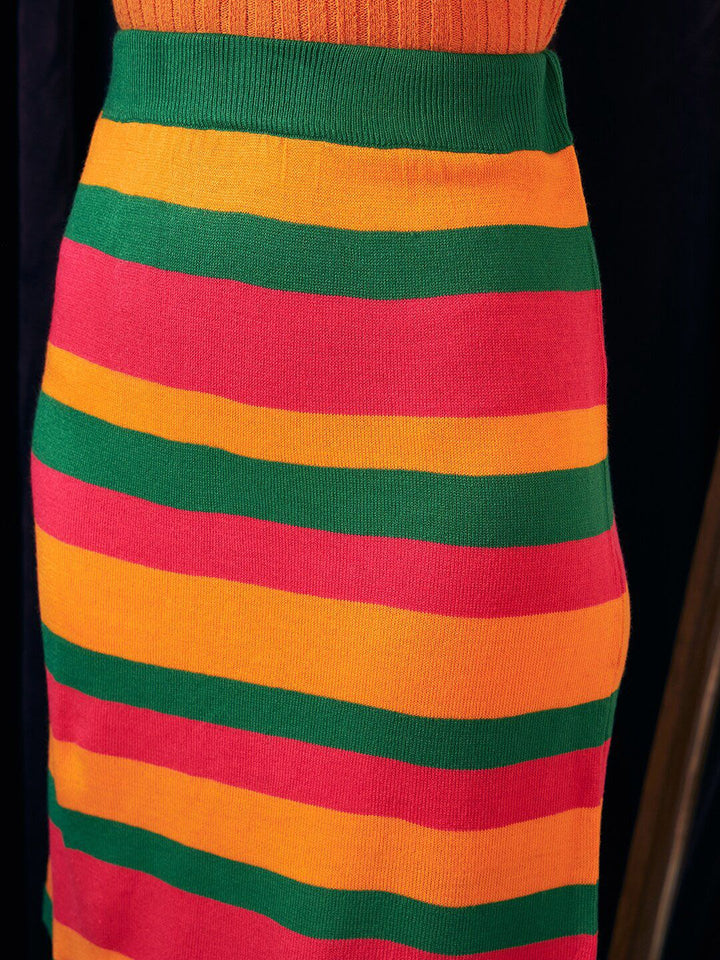 Berrylush Brown, Green & Yellow Colourblocked Acrylic Pencil Skirt