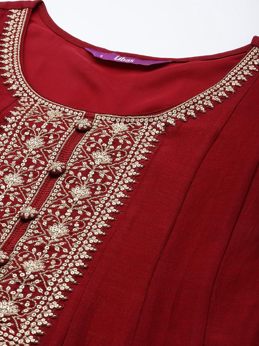 Libas Women Maroon Floral Embroidered Sequinned Kurta with Trousers & Dupatta