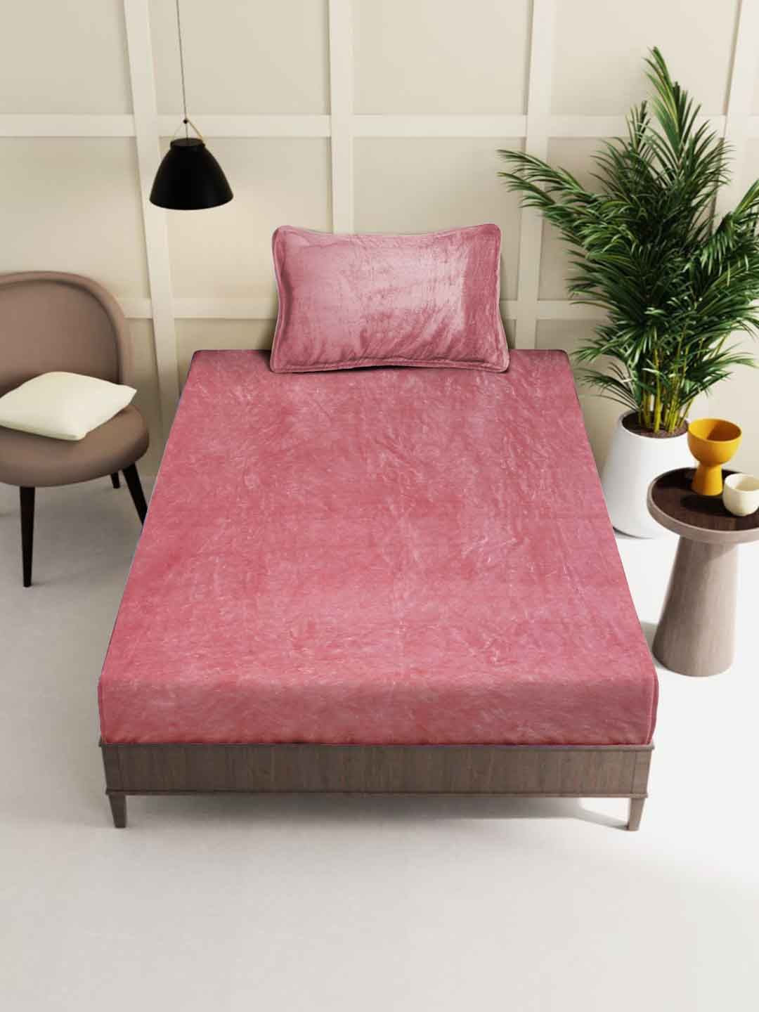 KLOTTHE Rust-Pink Woollen 300TC Single Bedsheet With Pillow Cover