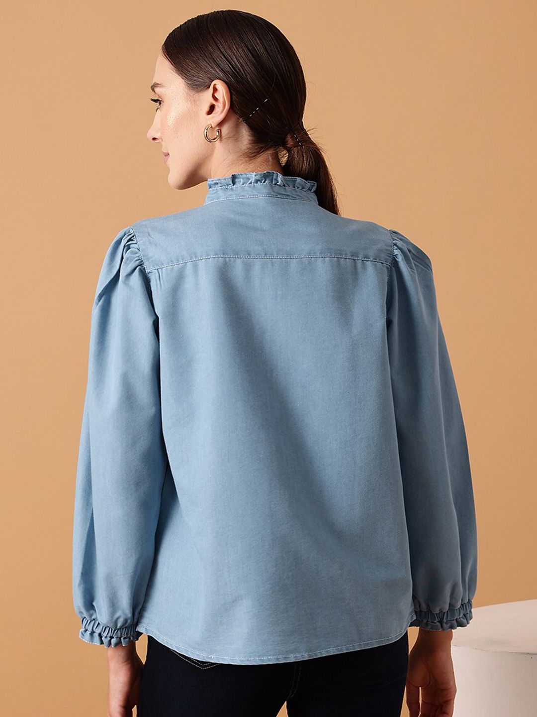 STREET 9 Comfort Denim Cotton Puff Sleeves Casual Shirt