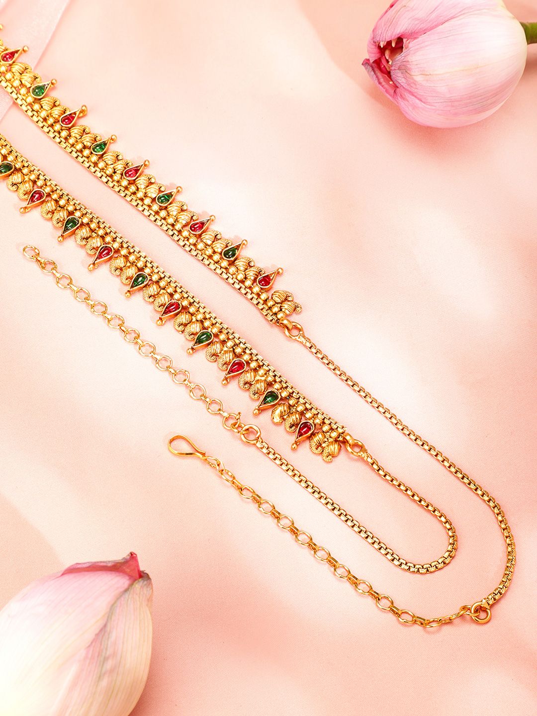 Rubans 22K Gold-Plated Ruby & Emerald Stones Studded Traditional Waist Chain Kamarbandh