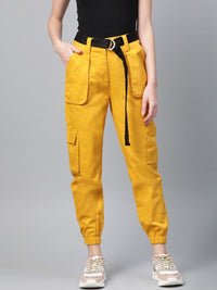 STREET 9 Women Mustard Yellow Regular Fit Solid Cargos
