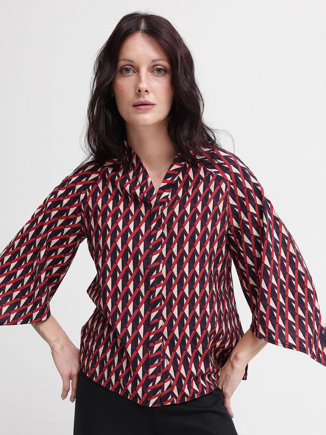 RAREISM Geometric Print Flared Sleeve Cotton Top