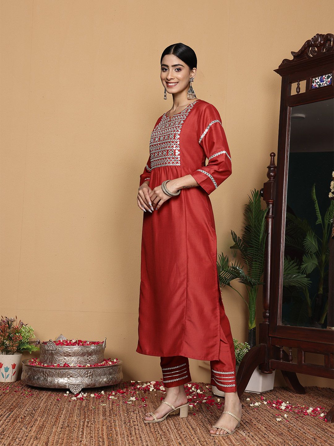 Varanga Embroidered Empire Mirror Work Kurta With Trousers & With Dupatta