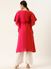 Anouk Women Red & Pink Colourblocked Cotton Kimono Sleeves Kaftan Kurta with Waist Tie-Up