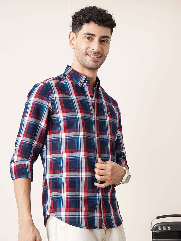The Indian Garage Co Men Navy Blue & Red Slim Fit Checked Casual Shirt