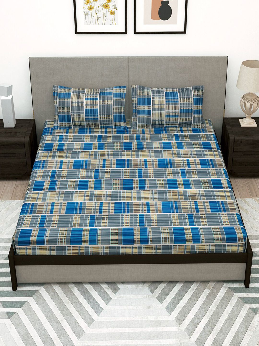 Story@home Grey & Blue Geometric 180 TC Flat Queen Bedsheet with 2 Pillow Covers