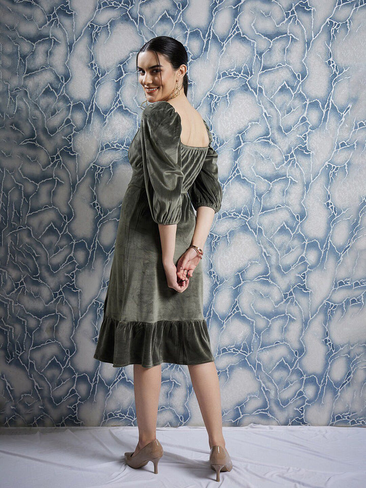 Athena Olive Green Square Neck Puff Sleeves Gathered Detailed Midi Sheath Dress