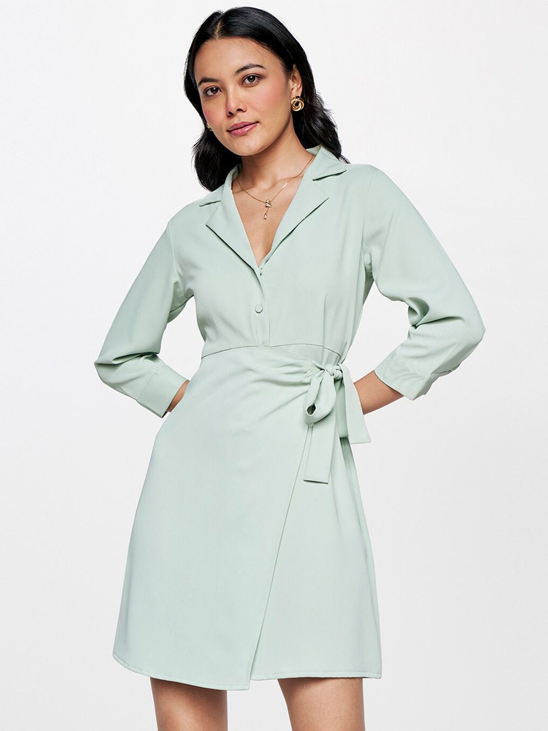 AND Lapel Collar Tie-Ups Wrap Mini Dress