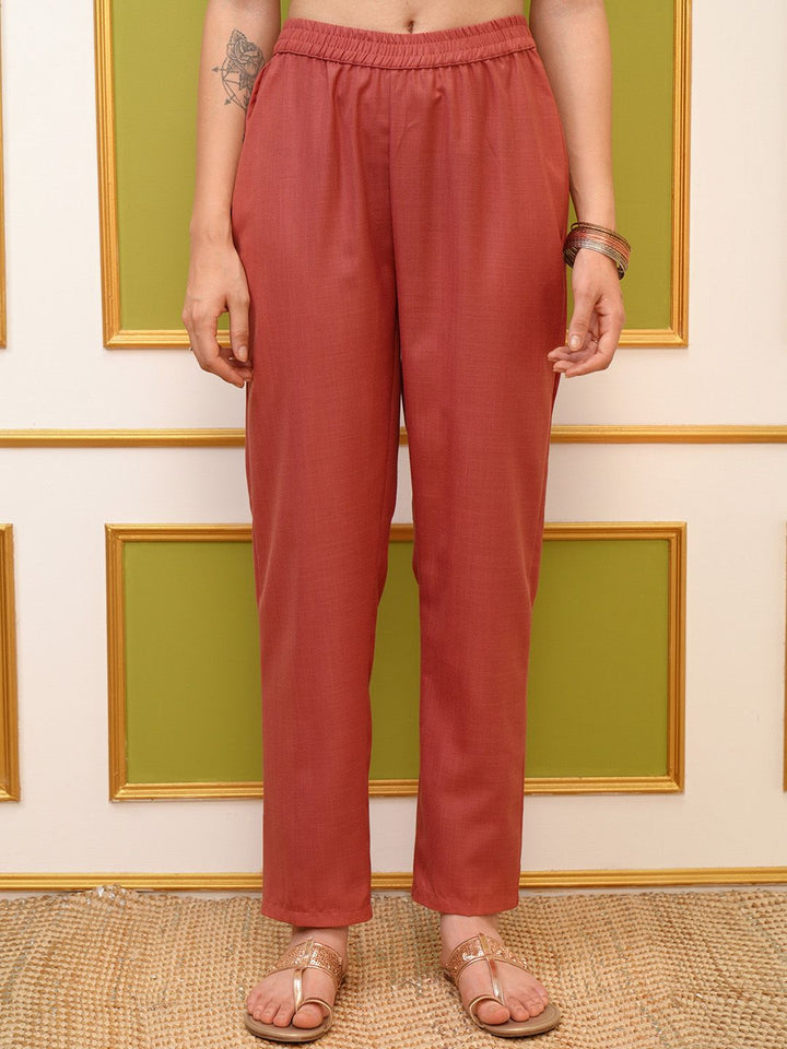Vishudh Coral Round Neck Embroidery Straight Kurta & Palazzos With Dupatta