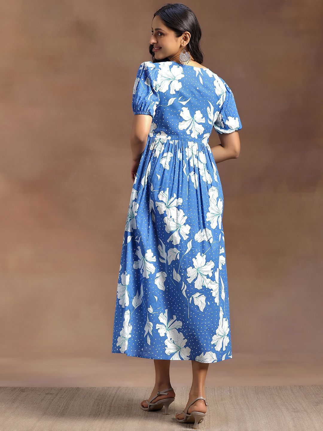 Libas Floral Print Puff Sleeve Fit & Flare Midi Dress