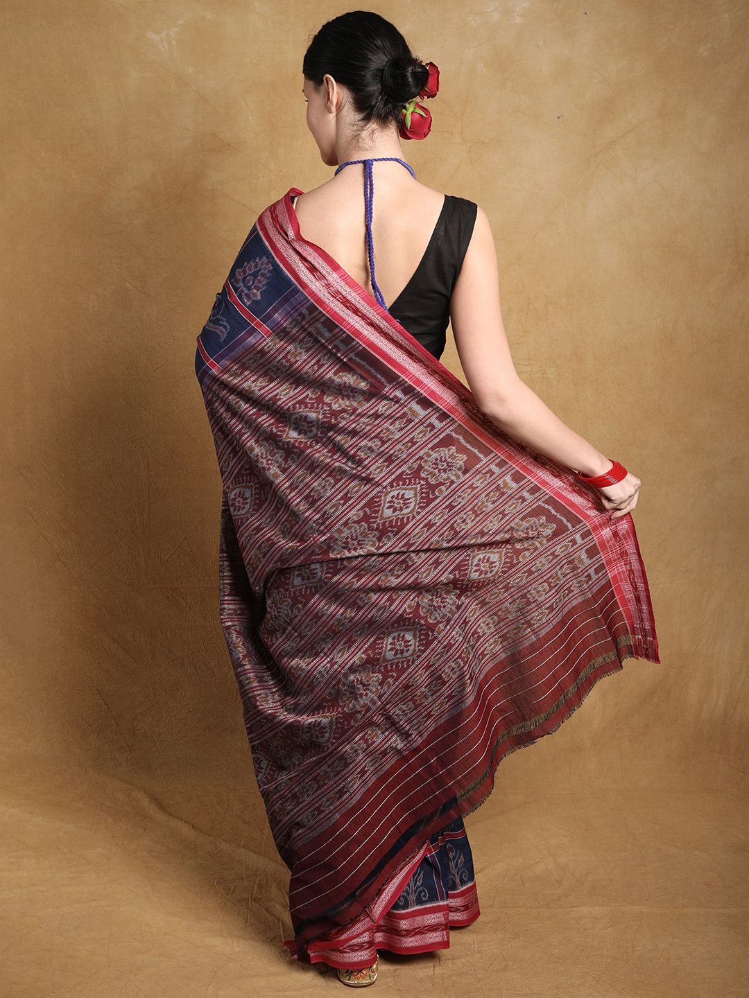 Exotic India Patriot Blue Pure Cotton Ikat Sambalpuri Saree with Rudraksha Border